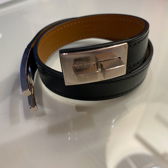 Hermes Drag Double Tour Black Leather and Palladium Bracelet - Picture 4 of 5